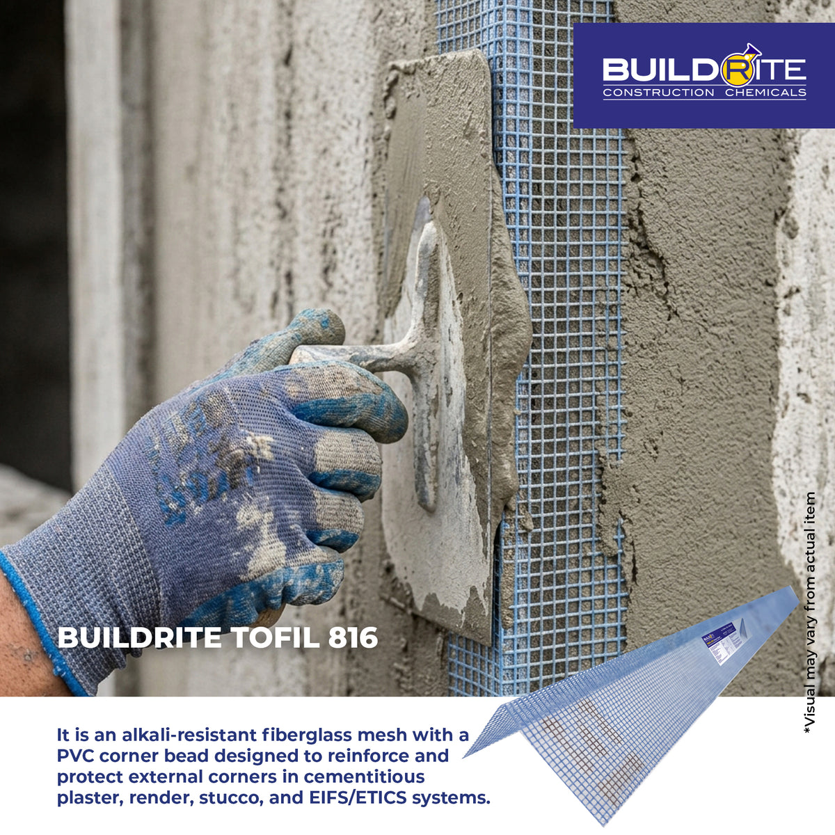 BUILDRITE TOFIL 816 CORNER GUARD - Alkali-Resistant Coated Fiberglass Mesh with PVC Corner Bead