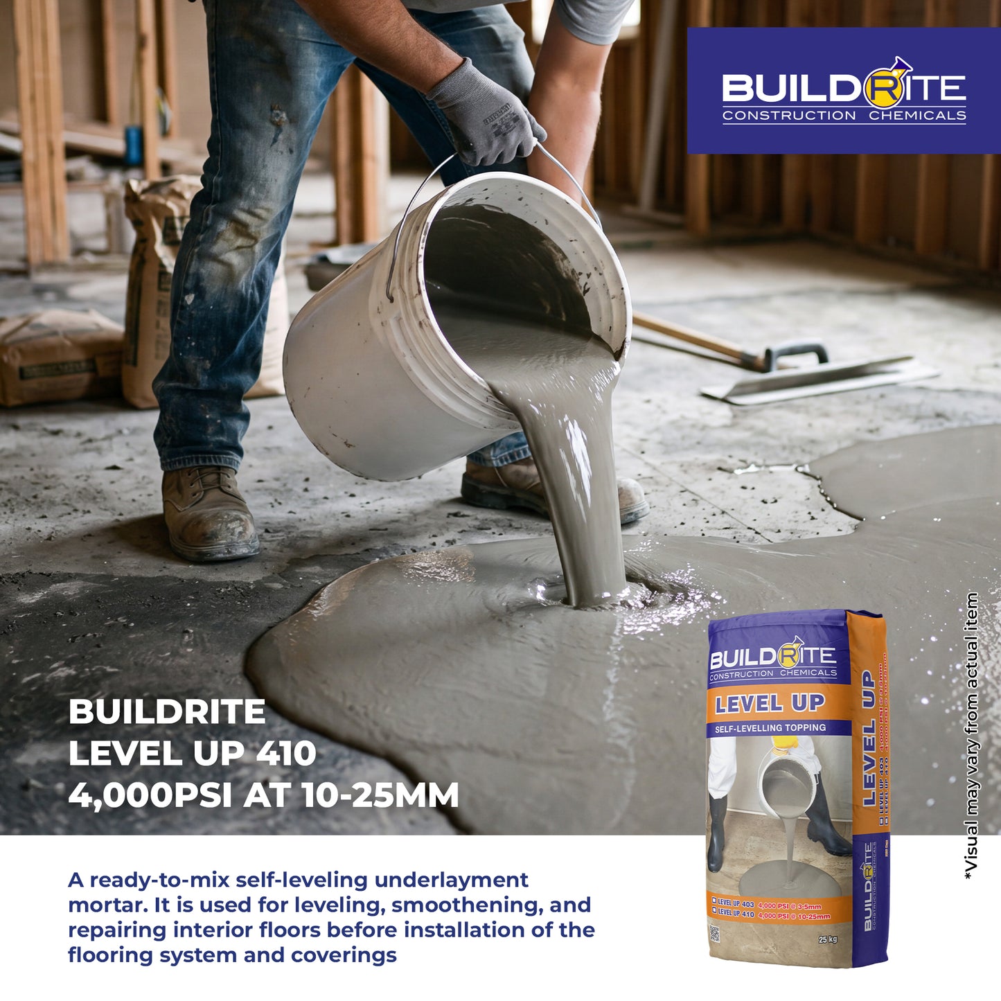 BUILDRITE LEVEL UP 410 - Self-Leveling Compound 10-25mm Thickness at 4000 psi